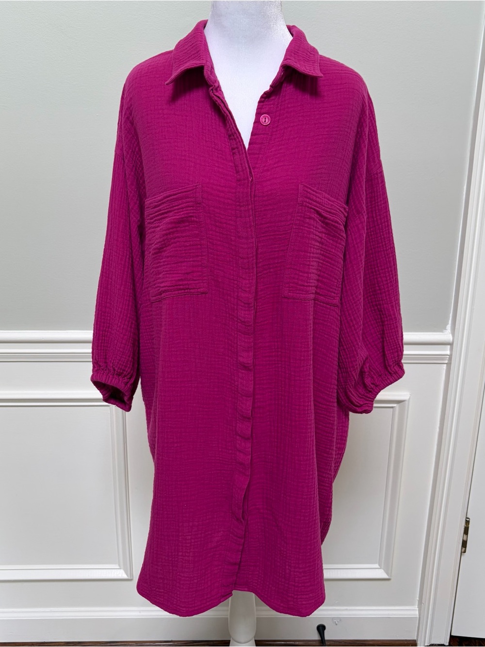 Young Fabulous & Broke Magenta Button-Up Cotton Gauze Mini Dress S